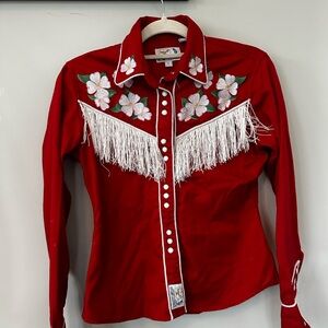 Vintage Red Western Shirt with Floral Embroidery and Fringe
